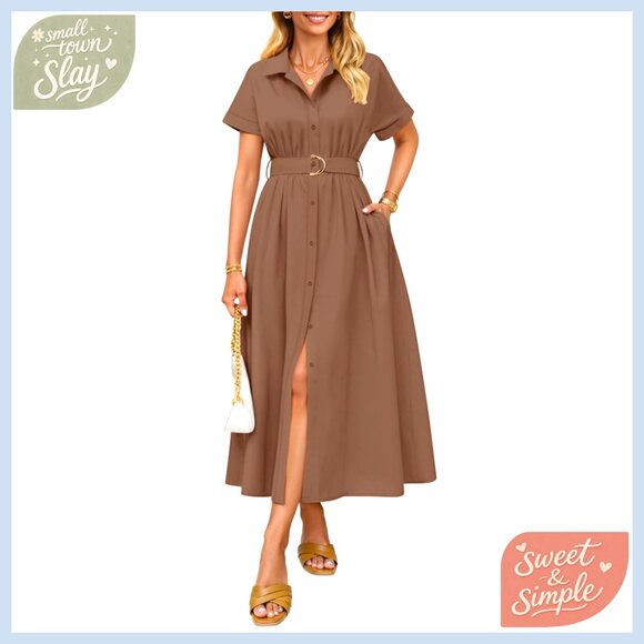 Summer Short Sleeve Midi Dress Button Down A Line Belt Work Casual